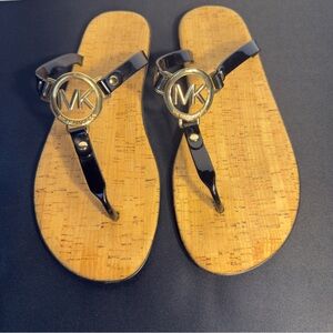 Michael Kors Black Patent MK Logo Thong Sandals Cork Footbed Size 9